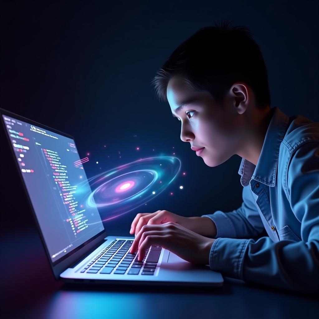 Futuristic laptop with holographic digital graphics, representing advanced technology and the best laptops for computer science students in 2025.