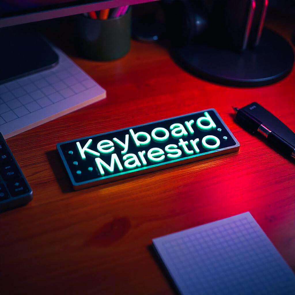 A glowing desk setup features Keyboard Maestro, macOS’s top tool for automation, managing windows.