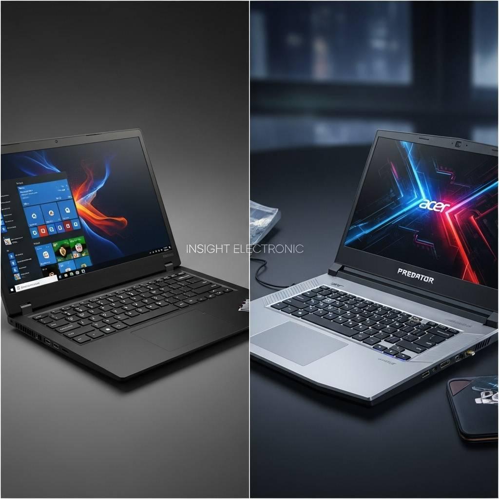 Side-by-side collage comparing Lenovo ThinkPad’s minimalist professional design with Acer Predator’s bold gaming aesthetics.