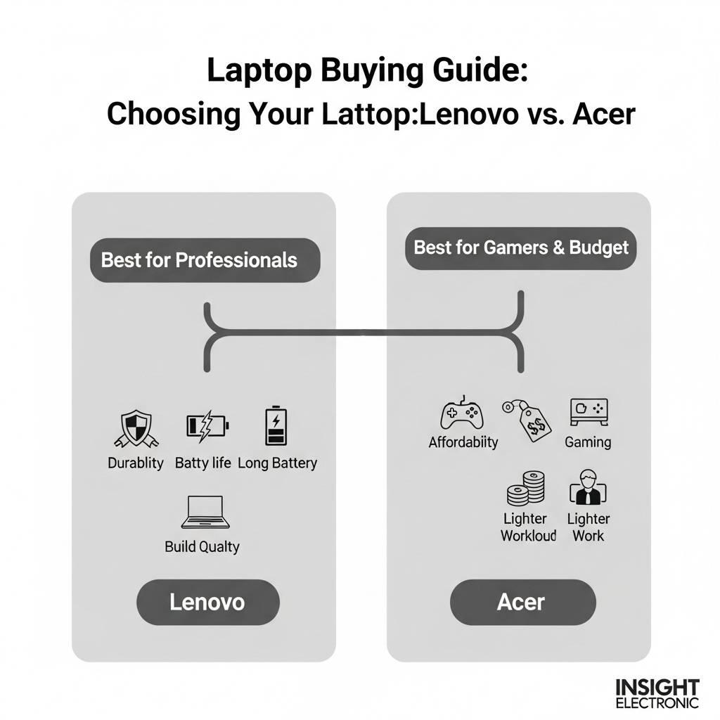 Decision chart comparing Lenovo laptops for professionals with Acer laptops for gamers and budget-conscious buyers.