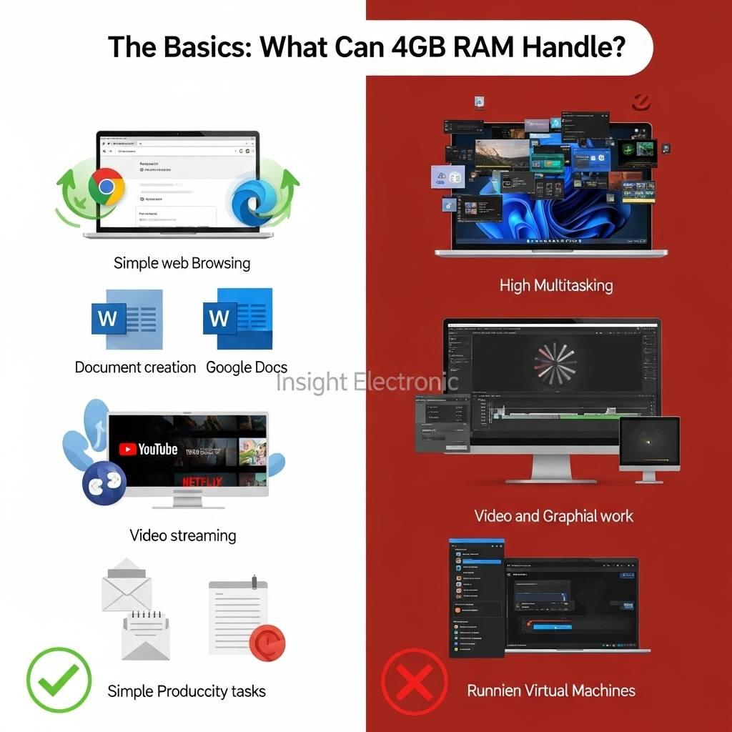 Infographic showing what 4GB RAM can handle, including web browsing, document creation, video streaming, and simple tasks, by Insight Electronic.