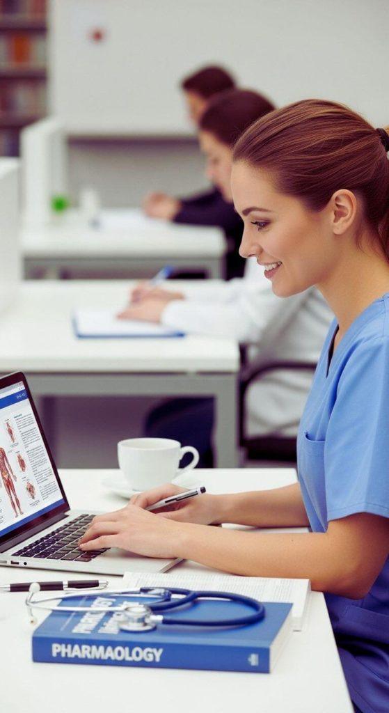 Best Laptop for Nursing Students – nursing student using a laptop for pharmacology studies.