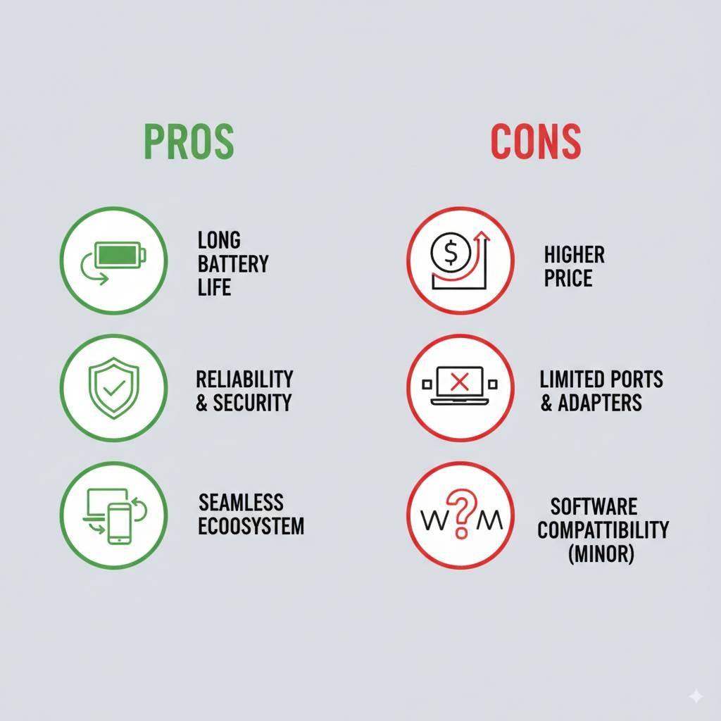 MacBook pros and cons chart showing battery life, security, price and port limitations