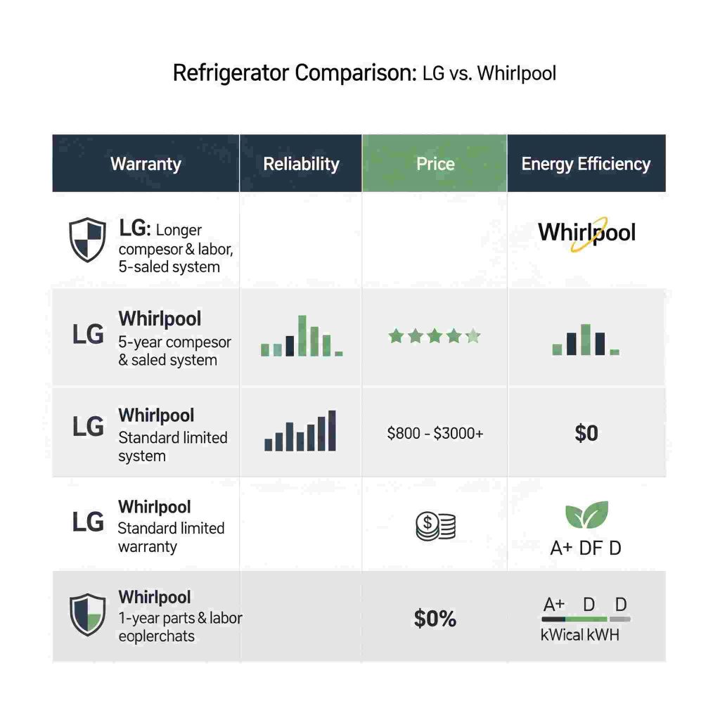 LG vs Whirlpool Refrigerator 2025 feature comparison chart and specs.