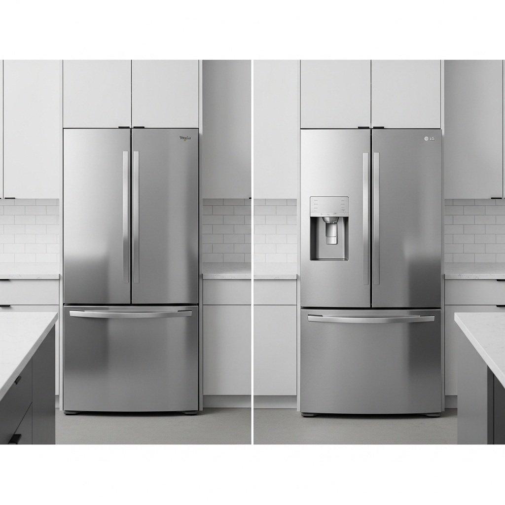 A realistic whirlpool vs lg side by side view of Whirlpool and LG refrigerators in a modern kitchen with neutral lighting.